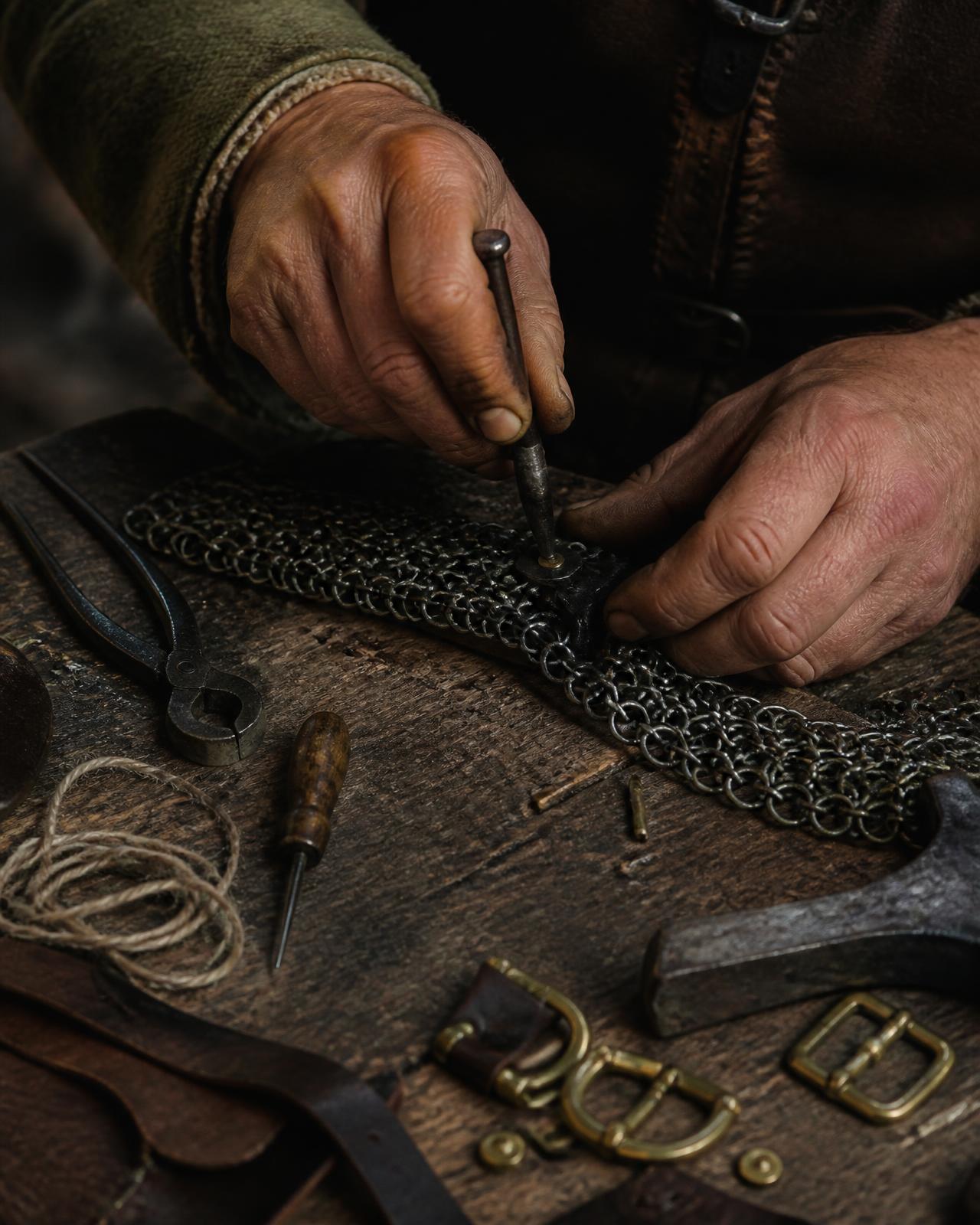 A craftsman's hands riveting a mail shirt on an oak workbench surrounded by hand tools