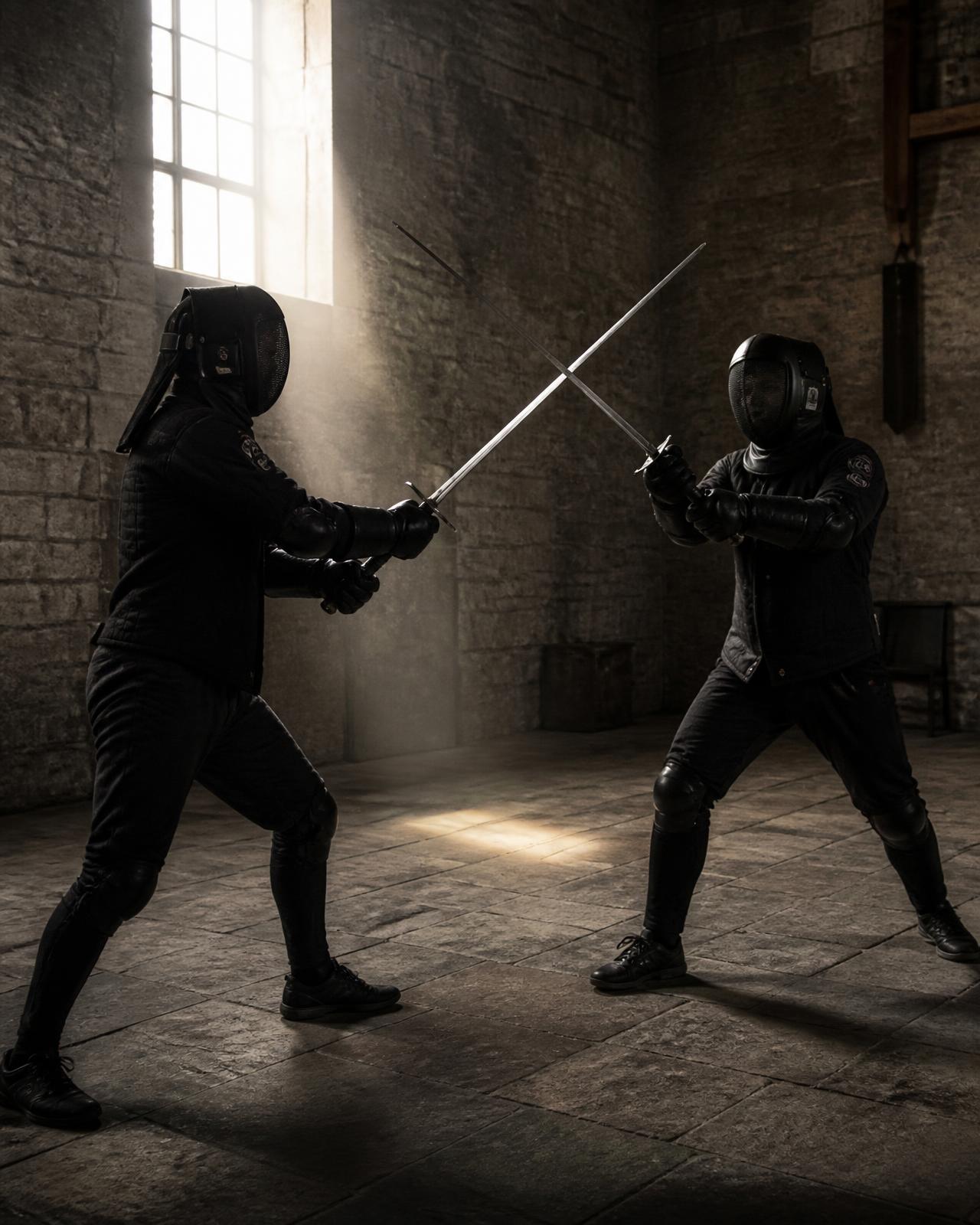 Two HEMA fencers crossing longswords during training in a stone hall