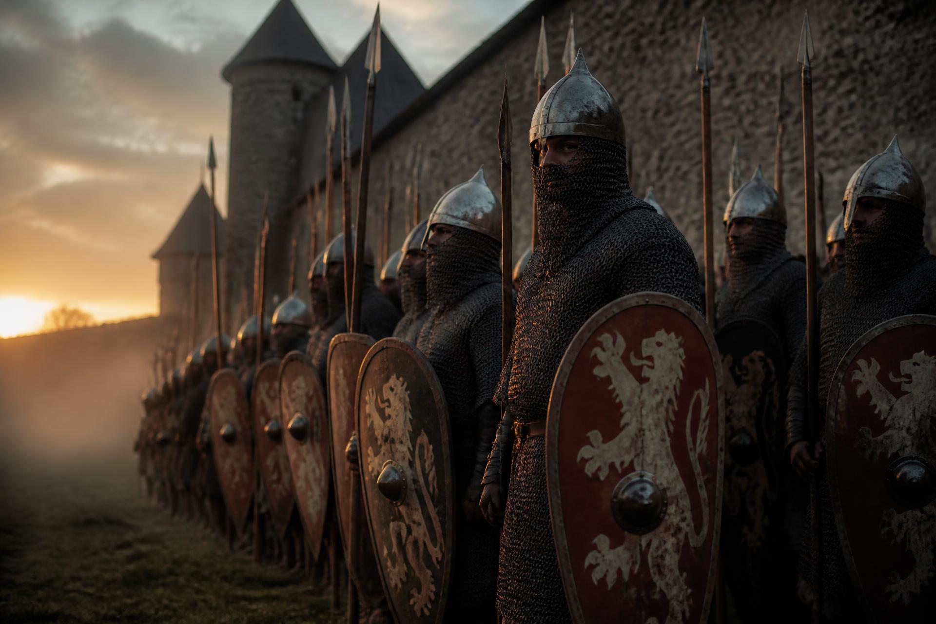 Reconstructed medieval Ruthenian warriors in mail and helmets formed up before a stone fortress at dusk